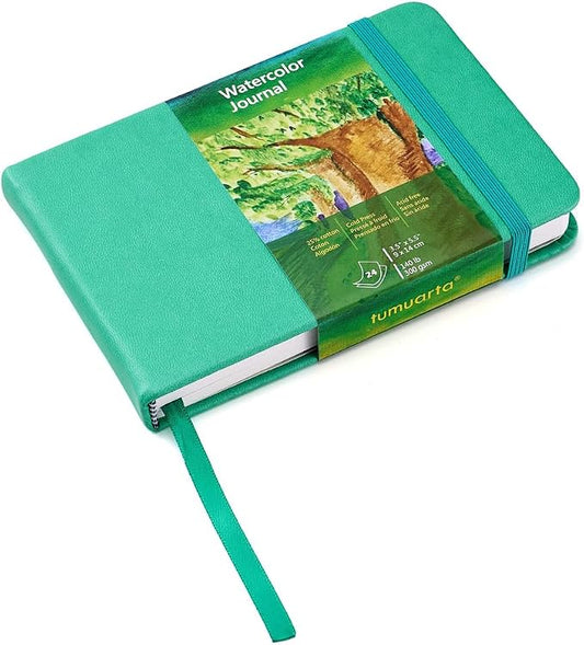 Watercolor Journal, 3.5x5.5”, 140 LB, 300 GSM, Cotton Paper, Cold Press | 24 Sheets, 48 Pages, tumuarta Watercolor Sketchbooks for Use As Travel Notebook Mixed Media Pad On The Go (Blue)