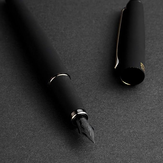 Hongdian 517D Matte Black Fountain Pen Stell Fine Point, Warrior Series, Classic Design with Converter and Metal Case
