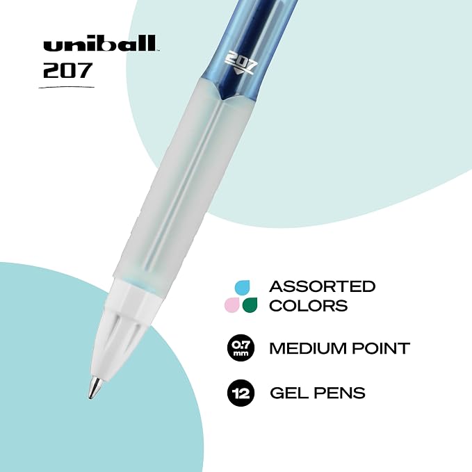uniball 207 Fashion Retractable Gel Pens, Medium Point (0.7mm), Assorted, 12 Pack
