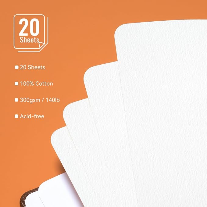Paul Rubens Watercolor Journal, 100% Cotton Acid-Free Cold Press Watercolor Sketchbook 7.24 * 5.12 Inches, 140lb/300gsm,20 Sheets for Watercolors, Gouache, Acrylics