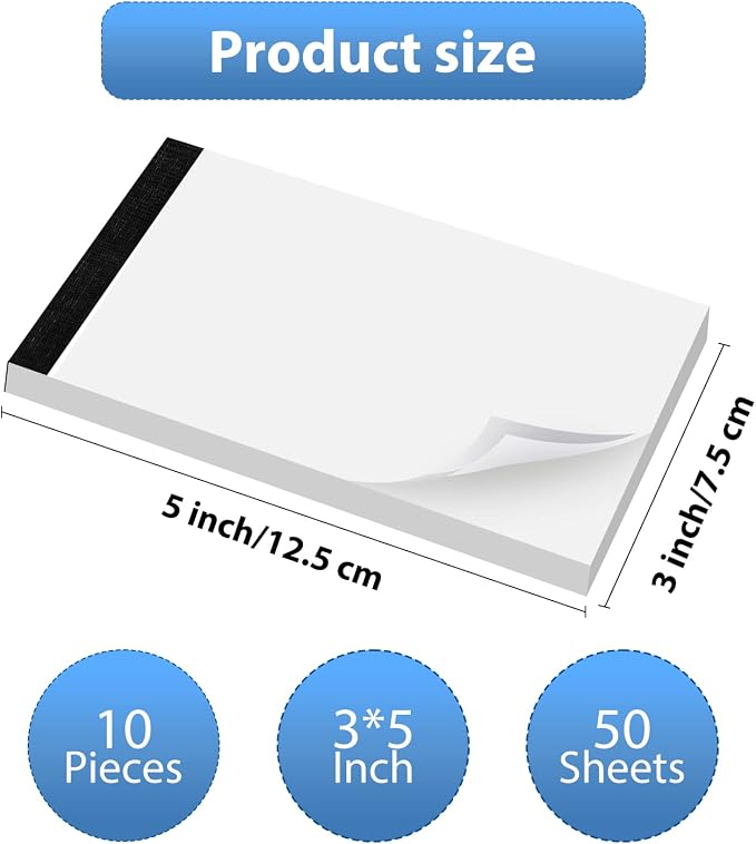 10 Pack Blank Notepad Ruled for Work 50 Sheets Study Servers Daily Planning | Small Notepad 3x5 Inch Note Pads Refills Notes Memo Pads White Paper Pads Writing Pads Scratch Note Pad for Office Supplies