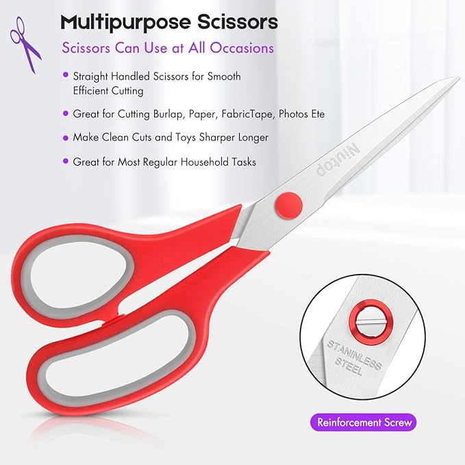 Scissors Bulk Set of 5-Pack, Niutop 8" Multipurpose Sharp Sewing Craft Fabric Scissors for Office Home High/Middle School Student Office Teacher Art Supplies, Soft Comfort-Grip Right/Left Handles