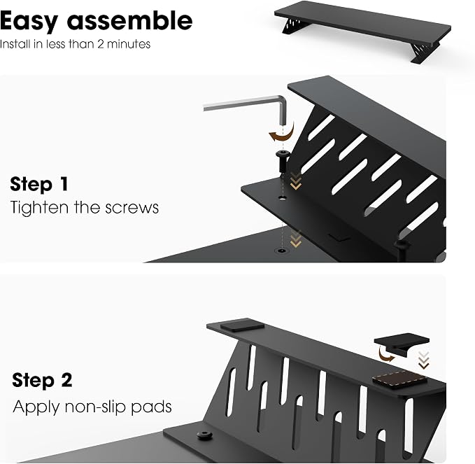 Fenge Monitor Stand Riser, Wooden & Metal Desk Shelf Organizer, Black | 42.5 Inch Dual Monitor Riser for 2 Monitors, Multifunctional Monitor Shelf for Laptop, PC, Printer