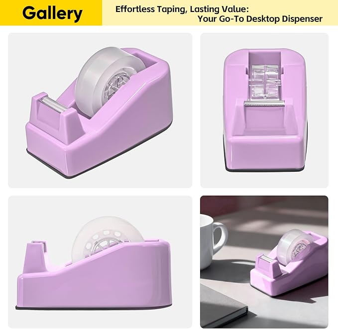 Desktop Office Tape Dispenser, Fits Standard 1-Inch Core Tapes, Weighted Base, Sharp Metal Blade, Smooth Cutting, Adhesive Roll Holder for Office, School, Shop, Home & Business - Purple