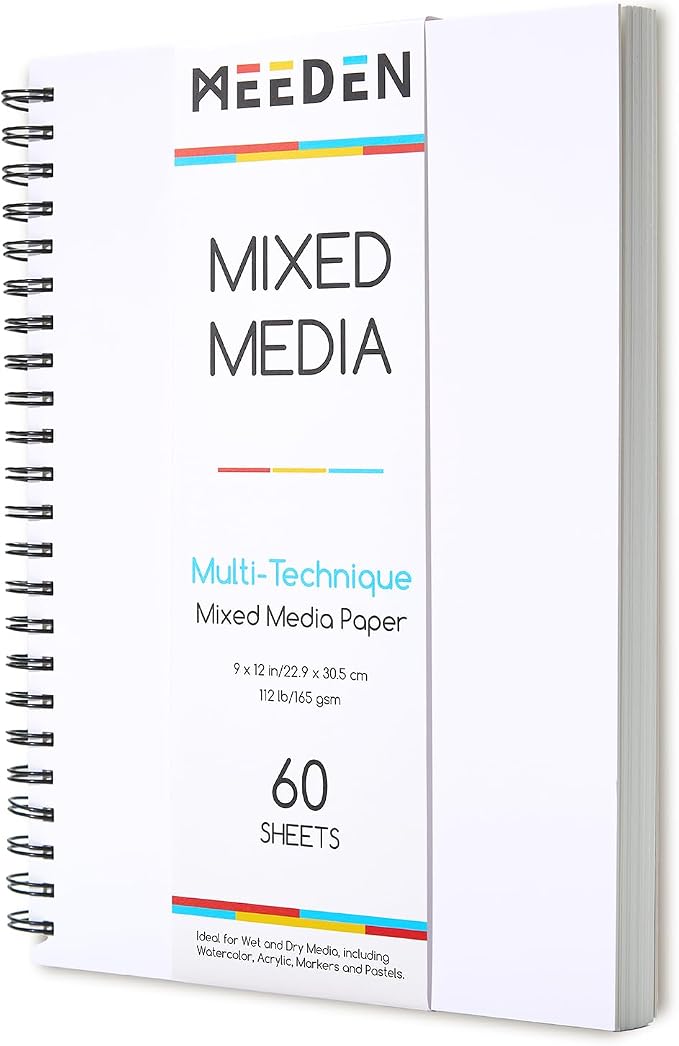 MEEDEN Mixed Media Paper Pad: 9" x 12" 112lb/165gsm Spiral Bound Mixed Media Sketchbook with DIY Cover - 60 Sheets Art Drawing Pad for Wet & Dry Media Watercolor, Acrylic, Markers, Pastels, Pencils