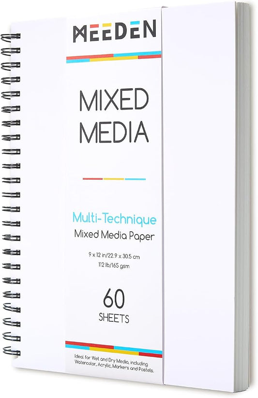 MEEDEN Mixed Media Paper Pad: 9" x 12" 112lb/165gsm Spiral Bound Mixed Media Sketchbook with DIY Cover - 60 Sheets Art Drawing Pad for Wet & Dry Media Watercolor, Acrylic, Markers, Pastels, Pencils