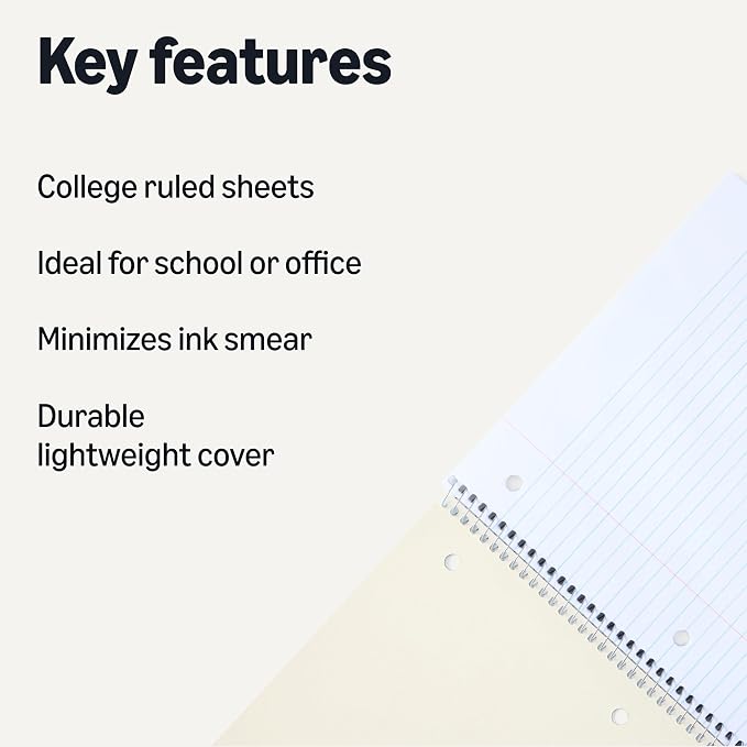 Amazon Basics College Ruled Spiral Notebook, For Work and School, 70 Sheets, 8" x 10.5", Black, 2 pack