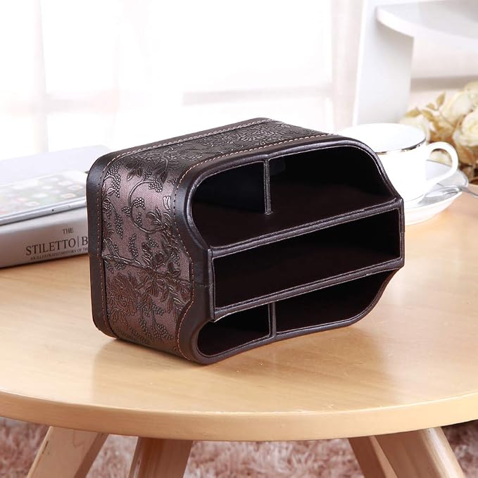 PU Leather 360° Rotatable Remote Control Holder,Nightstand TV Remote Caddy | Office Supplies Desktop Organizer,Spinning Storage Box for Pen,Mail,Phone,DVD, Blu-Ray, Media Player, Heater Controllers