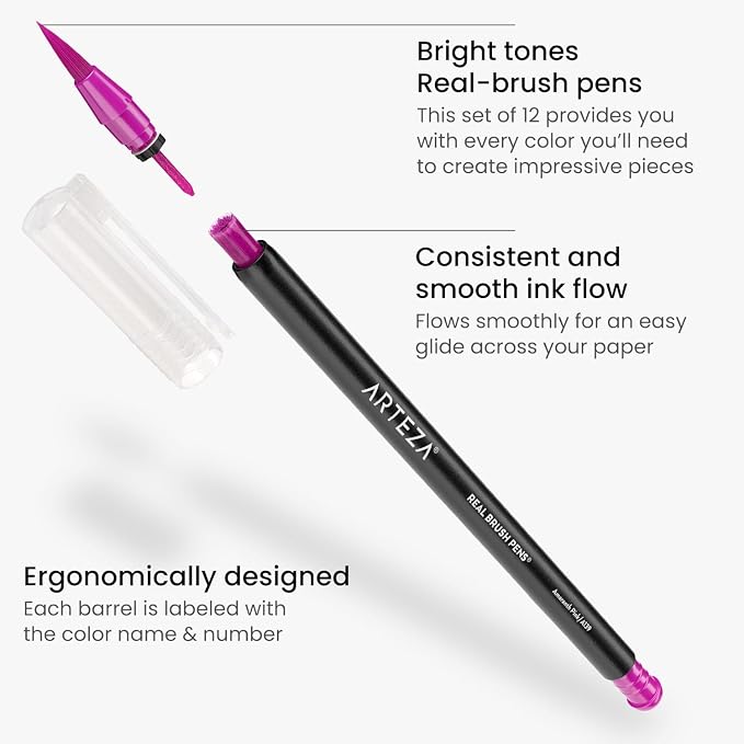 ARTEZA Real Brush Pens, Set of 12, Bright Tones, Blendable Watercolor Markers and 1 Water Brush, Art Supplies for School, Home, and Office