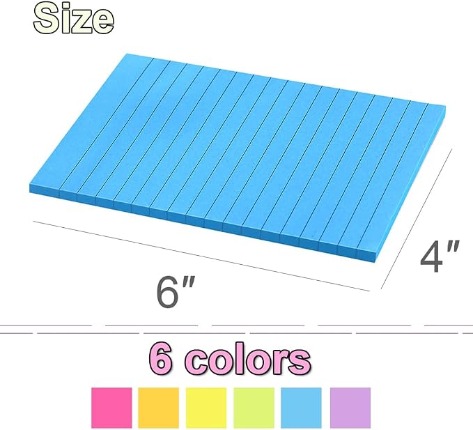 (6 Pack) Lined Sticky Notes 4x6 in,Large Notepads with Lines,Ruled Stickies Super Sticking Power,Office School Memo Note Pads Bright Colors,Post on Windows Doors,Recyclable,Easy to Write on