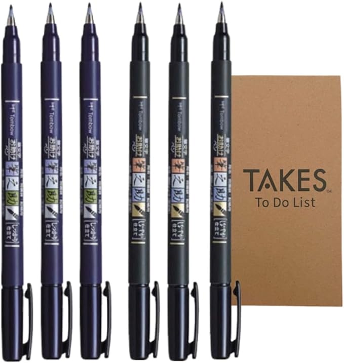 Fudenosuke Brush Pen Black x6-pen pack, with Takes To Do List Notepad - Calligraphy Pens for Writing and Art Drawings (3x Soft + 3x Hard)