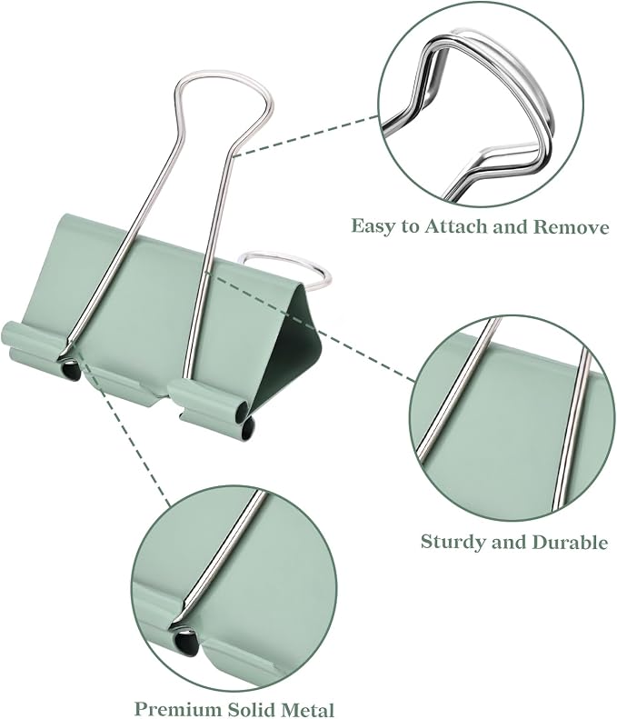Temiary Aesthetic Binder Clips, Medium Metal Binder Clip with Clear Storage Container, Binding Paperwork Clamps for School Teachers Office Supplies (Green 1.26 Inch, 24P)