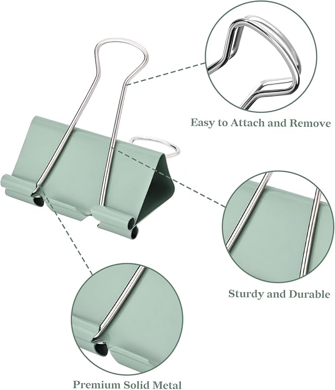 Temiary Aesthetic Binder Clips, Small Metal Binder Clip with Clear Storage Container, Binding Paperwork Clamps for School Teachers Office Supplies (Green 0.75 Inch, 40P)