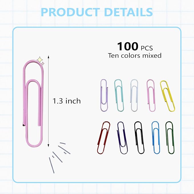 Paper Clips, 100-PCS PaperClips Assorted Sizes, 8 Colored Paper Clips Medium, Binder Clips Paperclips Assorted Sizes Set for Home School Office Supplies (100, Medium)
