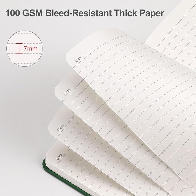 EMSHOI Lined Journal Notebook, 192 Numbered Pages, A5 Size (5.7'' x 8.3'') | Leather Hardcover, 100 GSM Thick Paper, for Women & Men, Journaling, Writing, Work & Office, Sun Debossed (Dark green)