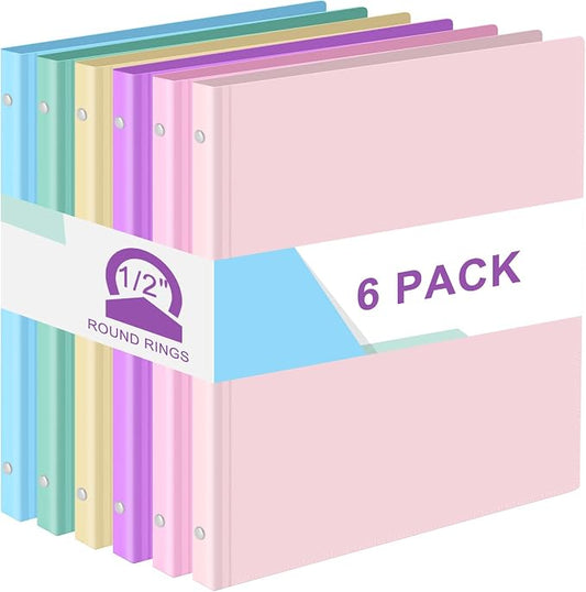 Fulmoon 6 Pack Plastic 3 Ring Binder Assorted Colors Economy Flexible Round Ring Presentation Binders with Pocket for Office School Meeting(0.5 Inch,Pastel Colors)