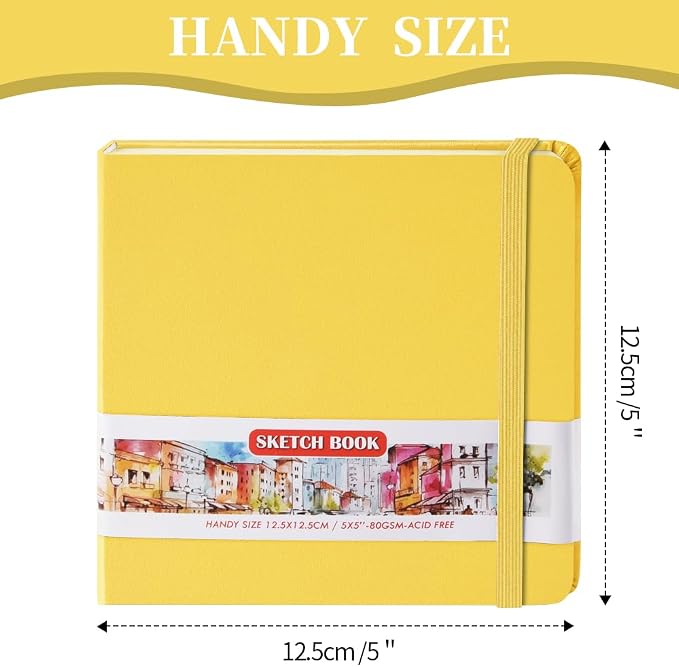 5x5" Pocket Sketch Book,80gsm Hardcover Art Sketchbook for Drawing Journal | PU Cover,Blank Paper,96Sheets/192Pages,Lay-Flat,Portable Travel Creation Paint Diary Memo Planner,Dry Media.Yellow