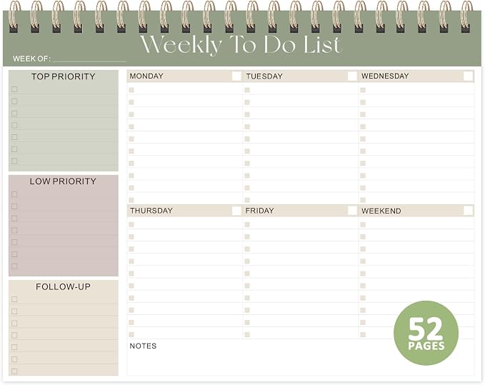 Weekly To Do List Notepad, 52 Undated Sheets (8.5"×11"), Undated Weekly Planner for Women & Men, Desk Accessories and Supplies for Office, Home, and School