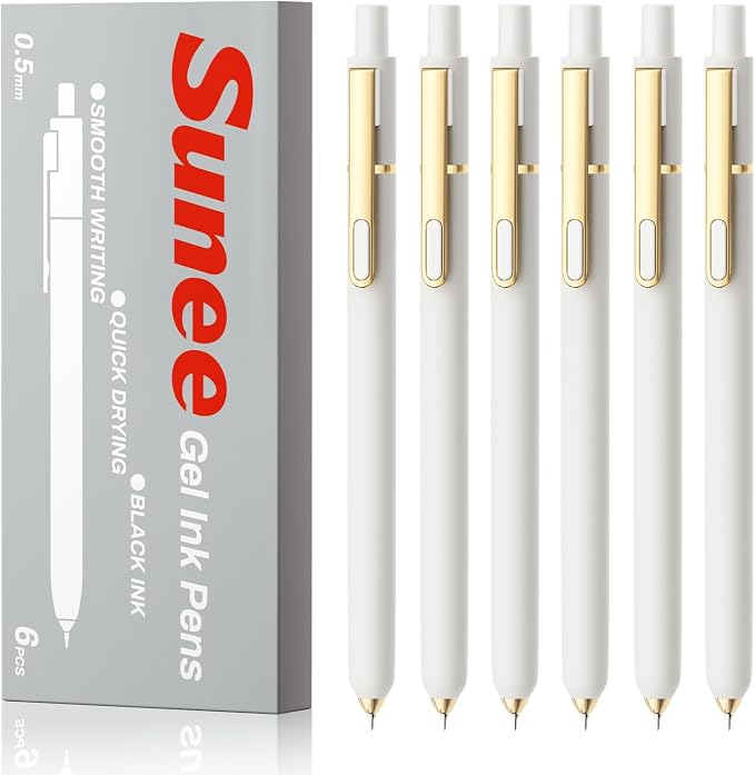 SUNEE Gel Pens, 6 Pack 0.5mm Pens Fine Point Smooth Writing Pens with Quick-Dry Black Ink, Cute Aesthetic School Office Note-Taking Pens for Journaling - White
