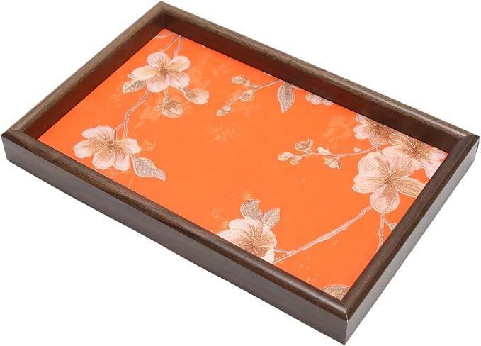 Wooden Valet Tray with Floral Base, EDC Catch All Tray Nightstand Entryway Table Vanity Organizer 11.8x7.9, Orange Vintage Blossoms