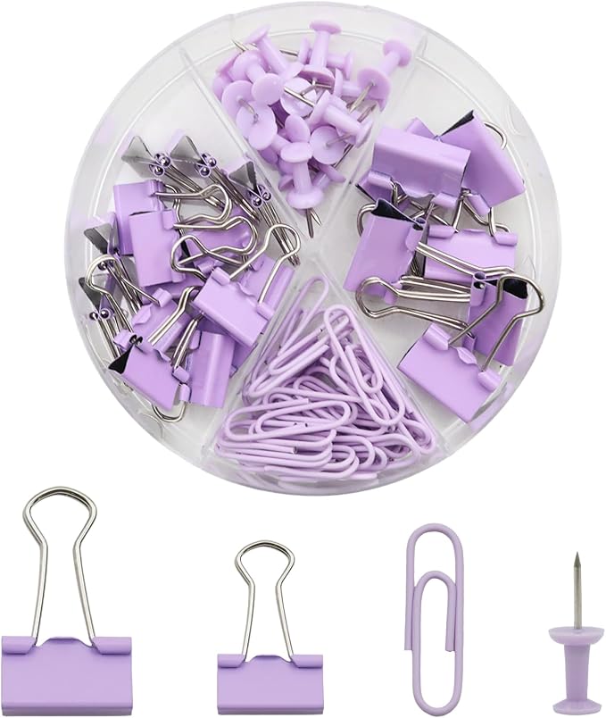 Office Supplies Set, Paper Clips, Push Pins and Binder Clips Set with Box for Office, School and Home(Light Purple)