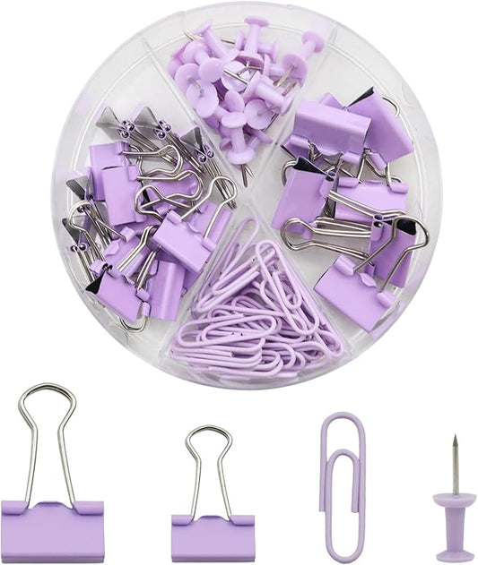 Office Supplies Set, Paper Clips, Push Pins and Binder Clips Set with Box for Office, School and Home(Light Purple)