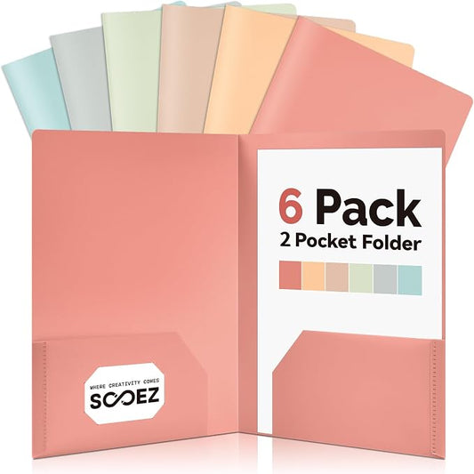 Sooez 6Pack Folders with Pockets, Pastels Colors, Heavy Duty Pocket Folder, Plastic Folders with Pockets, 2-Pocket Folder Bulk, Aesthetic File Folder, Back to School Office Filing Supplies