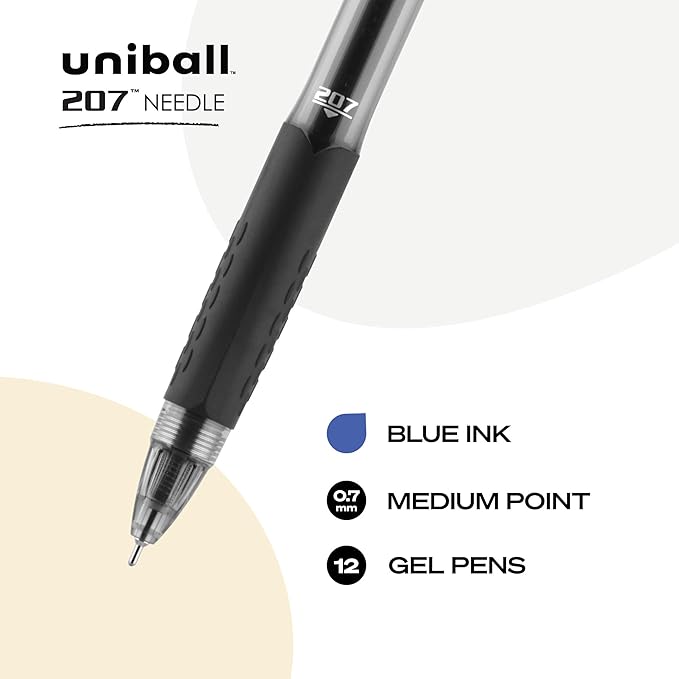 uniball 207 Needle Retractable Gel Pens, Medium Point (0.7mm), Blue, 12 Pack