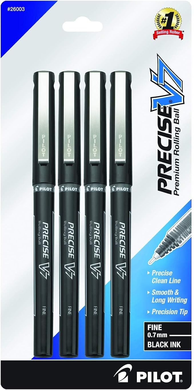 Pilot, Precise V7, Capped Liquid Ink Rollerball Pens, Fine Point 0.7 mm, Black Ink Pens, Pack of 4 - Ideal for School, Journaling & Office Writing