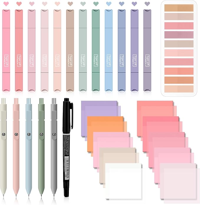 Jutom 38 Pcs Book Annotation Kit for Bible Journaling Study, Aesthetic Highlighters Pens, Index Tabs, Sticky Notes, Markers for Annotating Books Bible Page Tabs Supplies(Pink Series,Square)