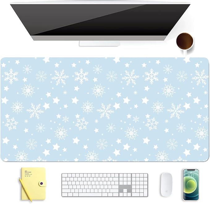 Winter Snowflake Leather Desk Mat Extended Gaming Mouse Pad | Non-slip Large Writing Pad Laptop Blotter Computer Keyboard Mat | Cute Blue Desk Protector for Home Office 27.6" x 13.8"