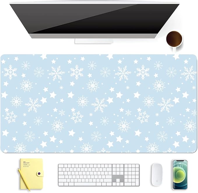 Winter Snowflake Leather Desk Mat Extended Gaming Mouse Pad | Non-slip Large Writing Pad Laptop Blotter Computer Keyboard Mat | Cute Blue Desk Protector for Home Office 23.6" x 11.8"