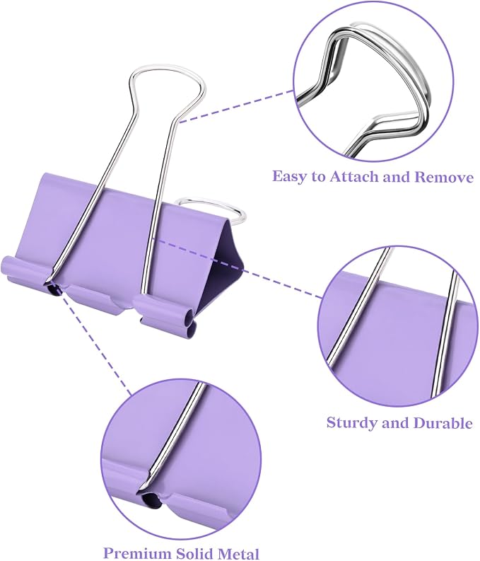 Temiary Aesthetic Binder Clips, Small Metal Binder Clip with Clear Storage Container, Binding Paperwork Clamps for School Teachers Office Supplies (Purple 0.75 Inch, 40P)