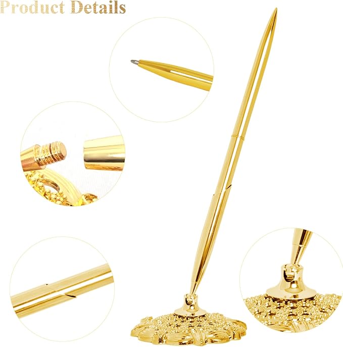 2 Pcs Gold Hollow Round Pen Holder Metal Pen Stand Holder Set Signing Pen Set Signing Desk Ballpoint Pens for Guest Book Wedding Birthday Party Graduation Teacher Office Business