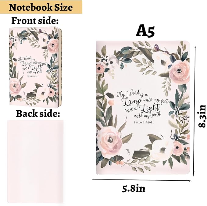 Pink Flowers Christian Hard Shell Journal Notebook 200 Sheets (5.8 x 8.3) | Bible Gifts for Women, College Ruled Notebook, Inspirational Notebooks, Journals for Writing Planner Note Taking