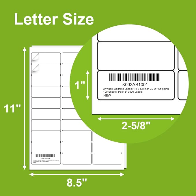 3000 Labels 100 Sheets 1" x 2-5/8" 30 up Address Label Sticker for Laser & Inkjet Printer - 30 Per Page Mailing Labels for Packages Adhesive, 30-up Return Printable Label
