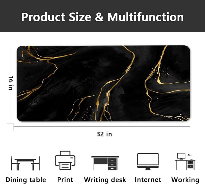 Britimes Black Gold Marble Desk Mat Deak Pad Non-Slip PU Leather Large Keyboard Mouse Pad Office Desktop Accessories for Office,Work,Home Decor(31.5"X15.7")