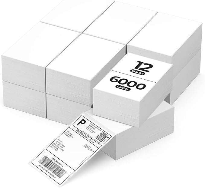 MUNBYN 4x6 Inch Thermal Labels, 6000 Labels/12 Stacks(500 Pcs per Stack) | 4x6 Thermal Shipping Labels, No BPA and BPS, Print Clear and Sharp, Strong Adhesive, Compatible with Most Thermal Printers