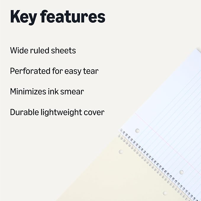 Amazon Basics Wide Ruled Spiral Notebook, For Work and School, 70 Sheets, 8" x 10.5", Assorted Solid Colors, 5 pack