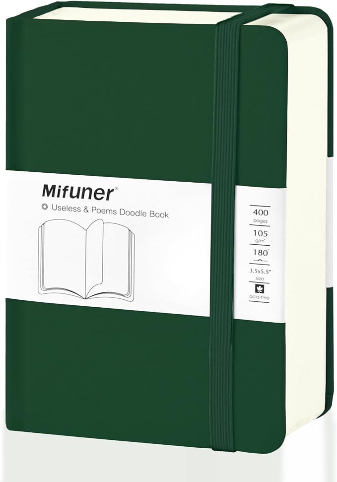 Mix Media Pad,3.5"x5.5" Small Hardcover Leather Art Sketchbook,105 GSM 200 Sheets/400 Pages Acid Free Artistic Painting Drawing Sketching Writing Paper, Handy Pocket Journal Notebook.Blackish Green