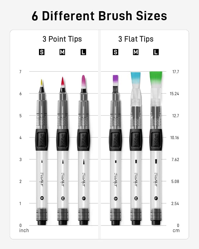 JusArt Water Brush Pens 6-Pack Leak-Proof Refillable Watercolor Pens for Acrylic and Gouache Painting - Includes Pointed & Flat Tip Styles - Portable Water Brushes for Artists, Beginners, Adults