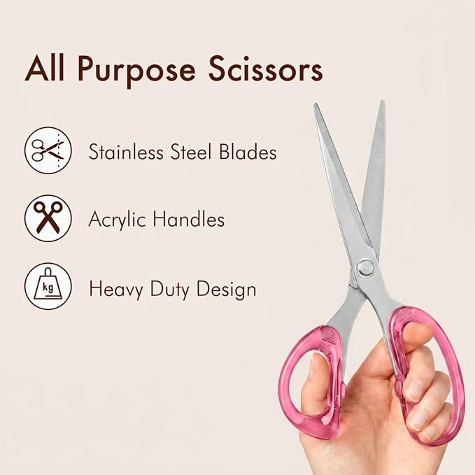 OfficeGoods 9” Stainless Steel Acrylic Scissors for Office and Home - Aesthetic and Sharp All Purpose Scissors, Perfect for Sewing, Arts and Crafts - Pink Silver Metal