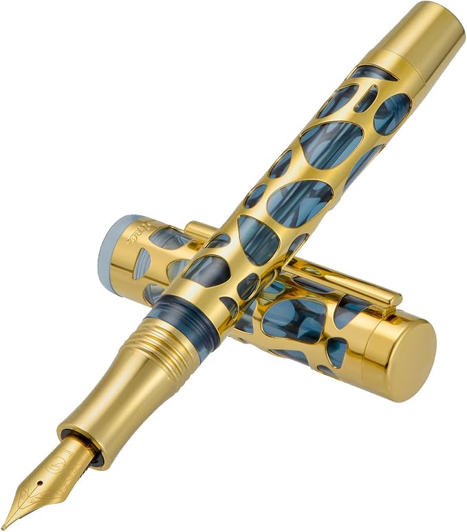 Asvine V169 Vacuum Filling Fountain Pen Fine Nib, Water Drop Skeleton Gold Trim Transparent Gray Blue Acrylic Pen Case Set