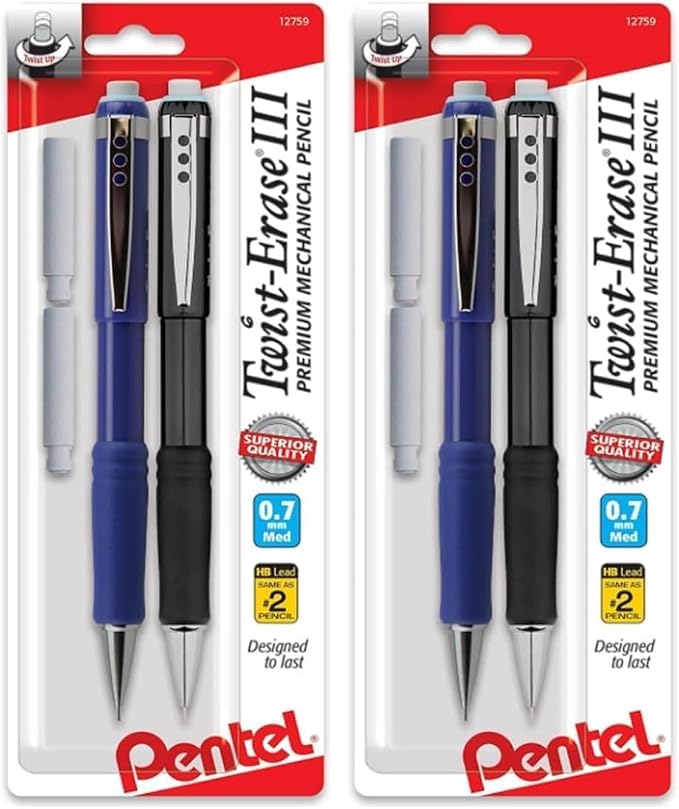 Pentel Twist-Erase III Mechanical Pencil,(0.7mm),Assorted Barrel Colors with Eraser Refills (QE517BP2),(Pack of 4)