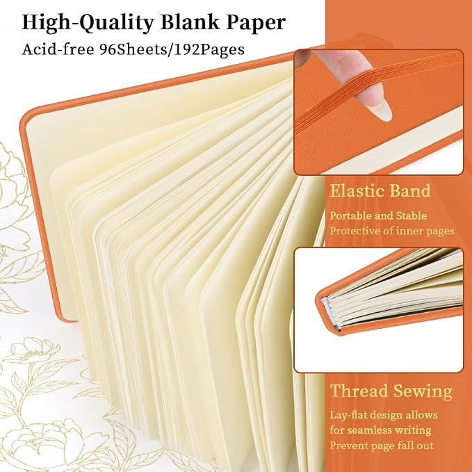 5x5" Pocket Sketch Book,80gsm Hardcover Art Sketchbook for Drawing Journal | PU Cover,Blank Paper,96Sheets/192Pages,Lay-Flat,Portable Travel Creation Paint Diary Memo Planner,Dry Media.Orange
