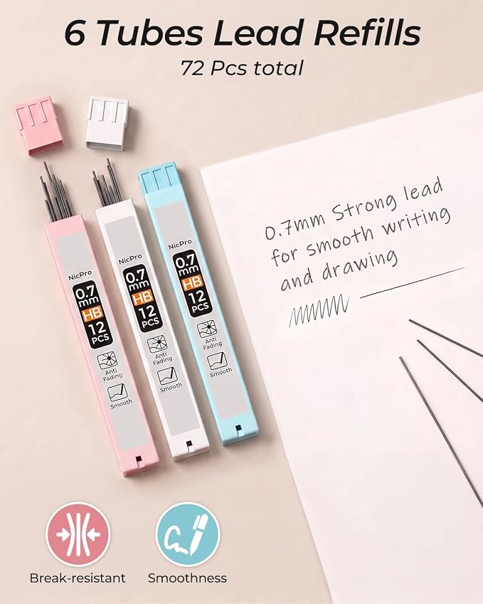 Nicpro 3PCS Cute Mechanical Pencil Set with Case, 0.7 mm Pencils with 6 Tube HB Lead Refill, 3PCS Eraser, 9PCS Eraser Refill for School Supplies Student Writing, Drafting Drawing Sketching