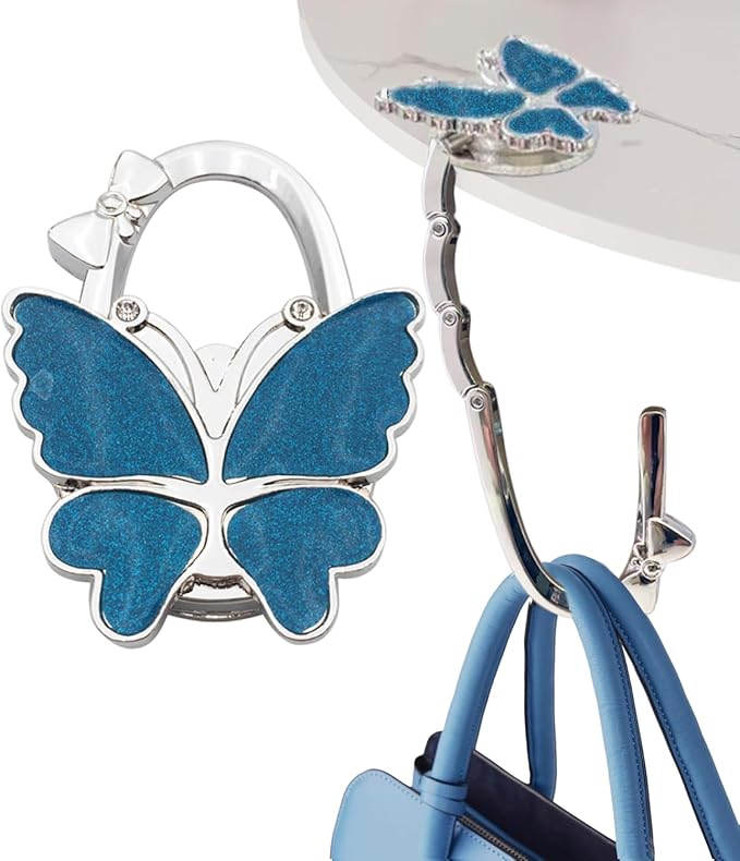 Purse Hook for Table, Foldable Handbag Hanger for Women, Portable Bag Holder with Non-Slip Base, Cute Blue Glitter Butterfly Purse Table Hook for Restaurant Office Travel Gift