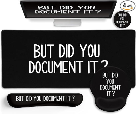 LIMKRIAN Black Mouse Pad Large Desk Mat Set, But Did You Document It Decor | Ergonomic Gel Wrist Rest, Computer Keyboard Mat, Memory Foam Wrist Support, Coaster, Office Desk Accessories Supplies Gifts