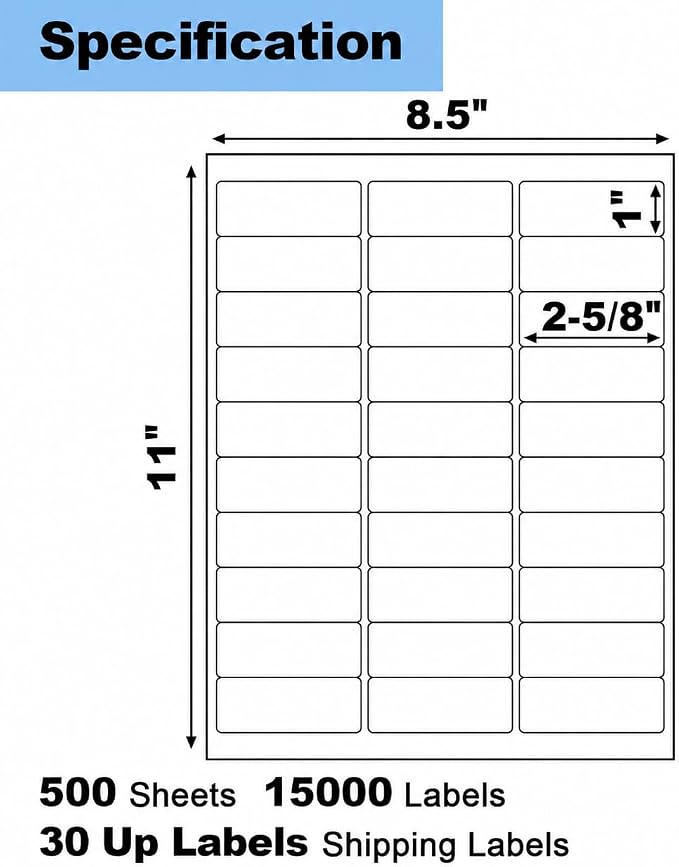 500 Sheets 15000 Pcs 30 Up 1" x2-5/8 Shipping Address Barcode Labels for Laser & Inkjet Printers, 1x2.625 FBA Labels on US Letter, 30 per Sheet Return Address Labels, 30 per Page