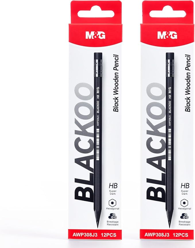 M&G BLACKOO Series HB Wood-Cased Pencils, 24-Pack Pre-Sharpened with Top Erasers, Bulk Black Pencils for School, Teachers, Writing, Drawing and Sketching (Black)